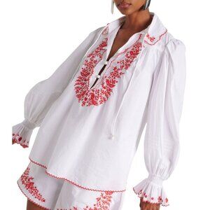 Alémais Hearts Embroidered Shirt Women's Size 6 White Long Puff Sleeves Collared